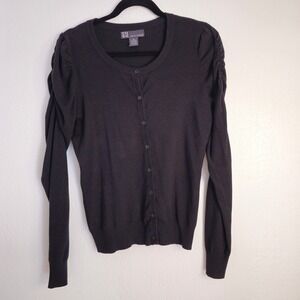 Chelsea & Theodore Black Cardigan Sweater Ruched Puff Sleeve Button Front M